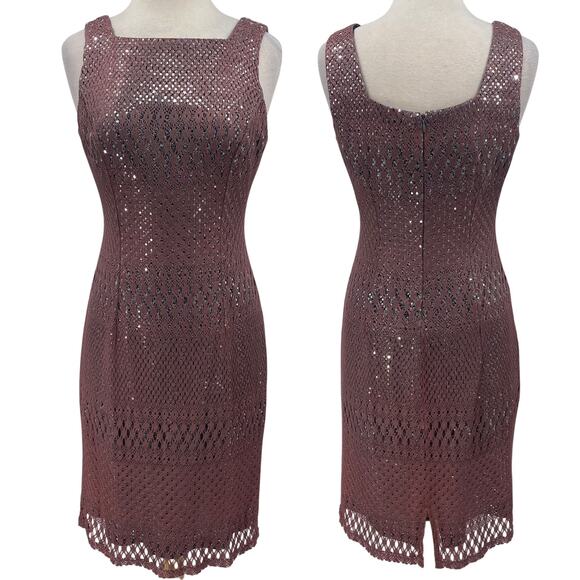 Vintage 90s Crochet Overlay Sequined Sheath Dress Squareneck Mauve Silver NEW 8 - Picture 1 of 12
